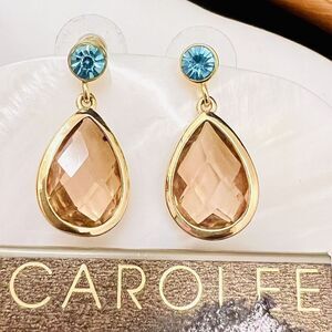 Vintage Carolee Rhinestone Crystal Earrings Dangle Blue Brown Gold Pierced 1361
